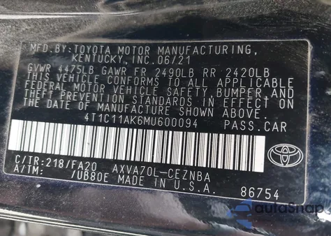2021 Toyota Camry Le from USA, damaged, VIN 4T1C11AK6MU600094
